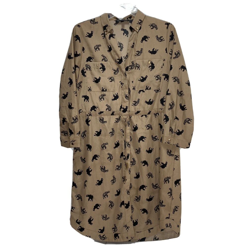Women’s Shirt Dress Elephant Print Button Up Tie Waist Gold Buttons Safari Sz 6